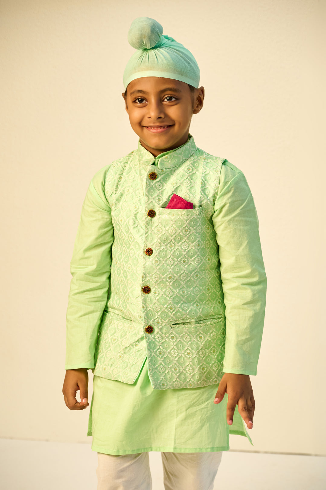 BOYS PASTEL GREEN KURTA WITH PASTEL GREEN SILK BLEND JACKET AND PAJAMA (SET OF 3)