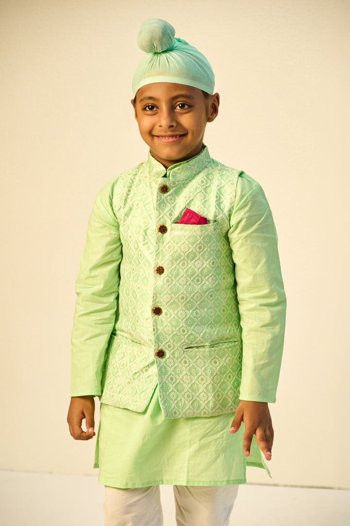 BOYS PASTEL GREEN KURTA WITH PASTEL GREEN SILK BLEND JACKET AND PAJAMA (SET OF 3)