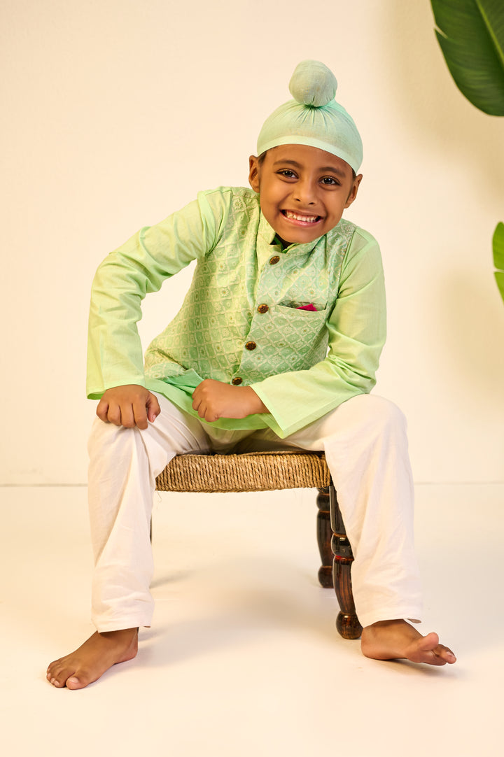 BOYS PASTEL GREEN KURTA WITH PASTEL GREEN SILK BLEND JACKET AND PAJAMA (SET OF 3)