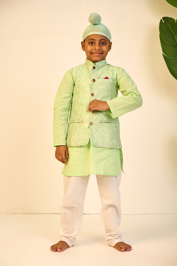 BOYS PASTEL GREEN KURTA WITH PASTEL GREEN SILK BLEND JACKET AND PAJAMA (SET OF 3)