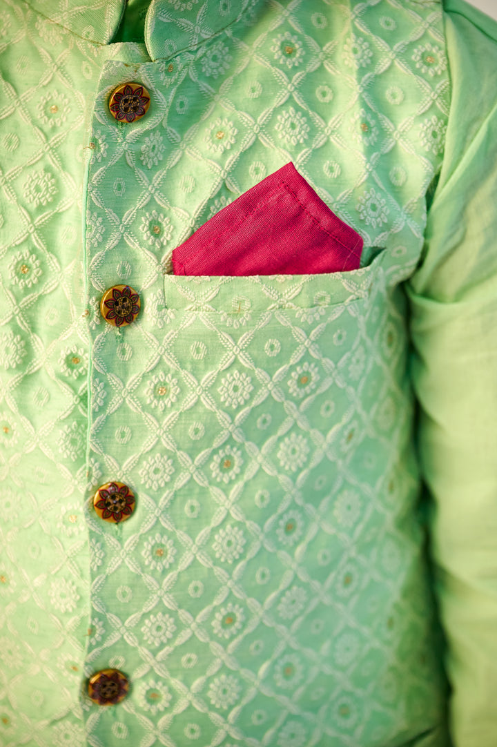 BOYS PASTEL GREEN KURTA WITH PASTEL GREEN SILK BLEND JACKET AND PAJAMA (SET OF 3)