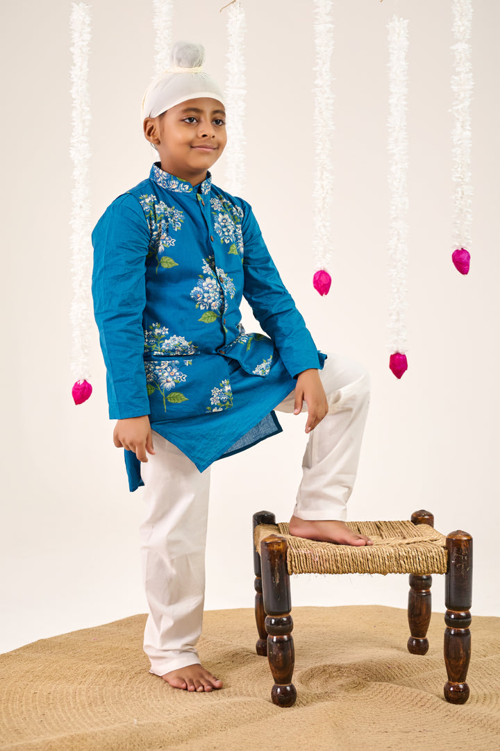 BOYS BLUE KURTA WITH BLUE GREEN FLORAL JACKET AND PAJAMA (SET OF 3)