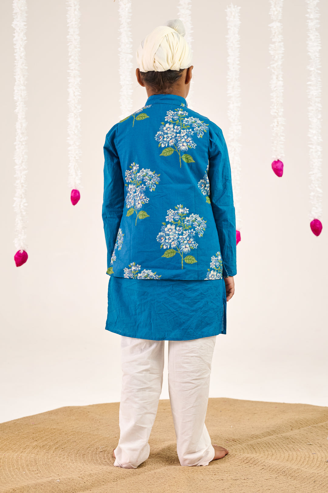 BOYS BLUE KURTA WITH BLUE GREEN FLORAL JACKET AND PAJAMA (SET OF 3)
