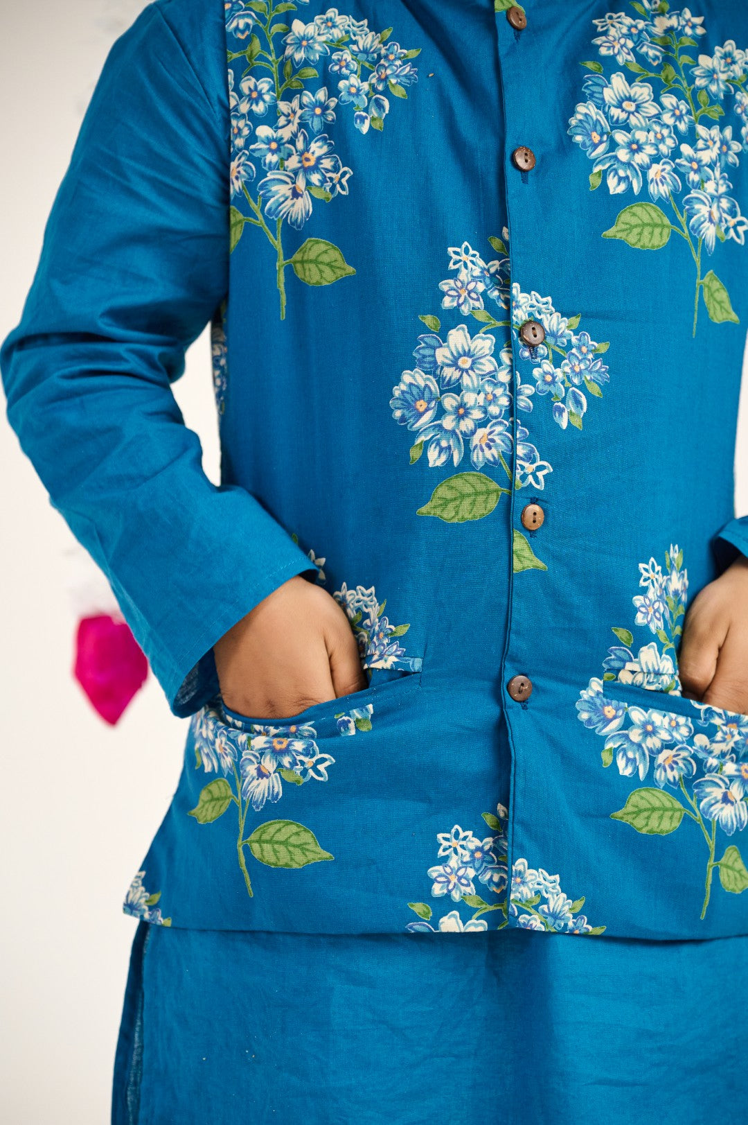 BOYS BLUE KURTA WITH BLUE GREEN FLORAL JACKET AND PAJAMA (SET OF 3)