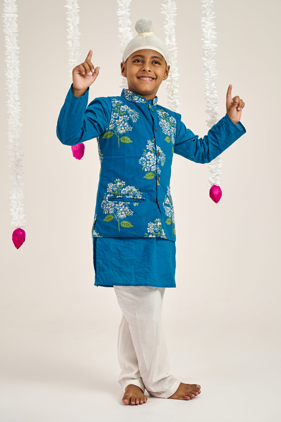BOYS BLUE KURTA WITH BLUE GREEN FLORAL JACKET AND PAJAMA (SET OF 3)