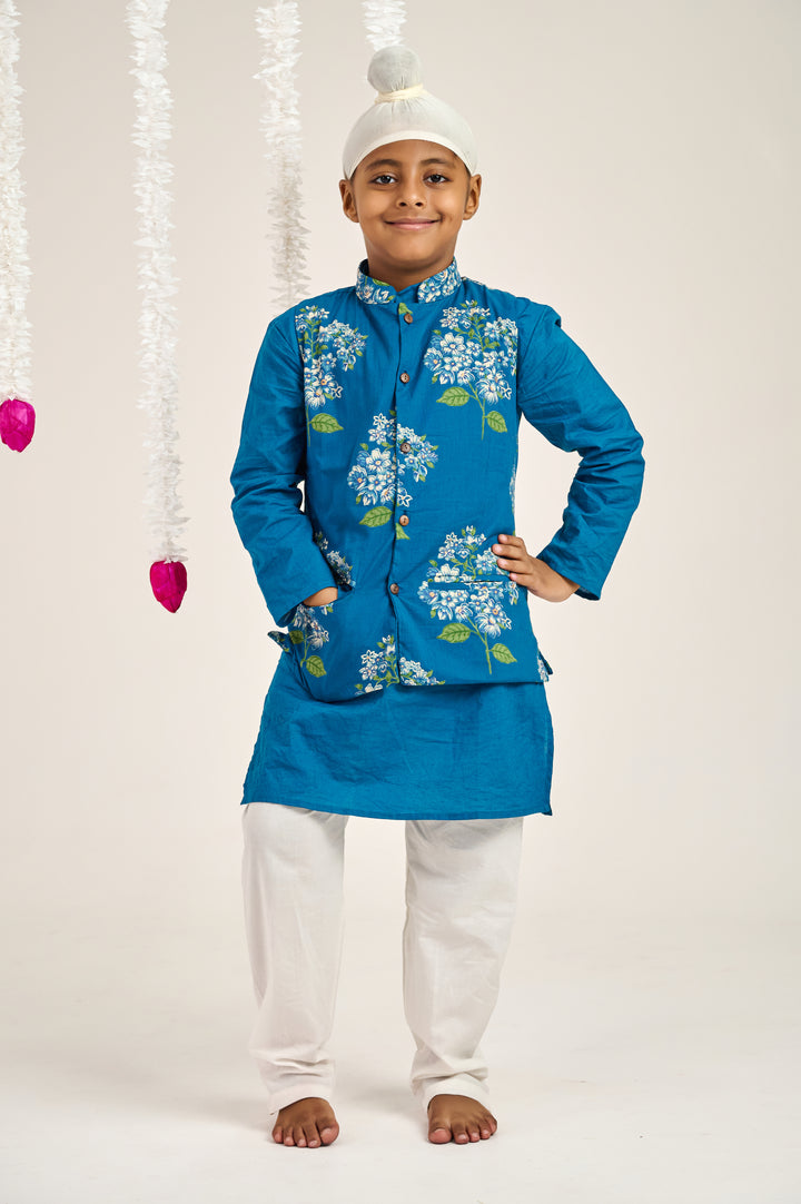 BOYS BLUE KURTA WITH BLUE GREEN FLORAL JACKET AND PAJAMA (SET OF 3)