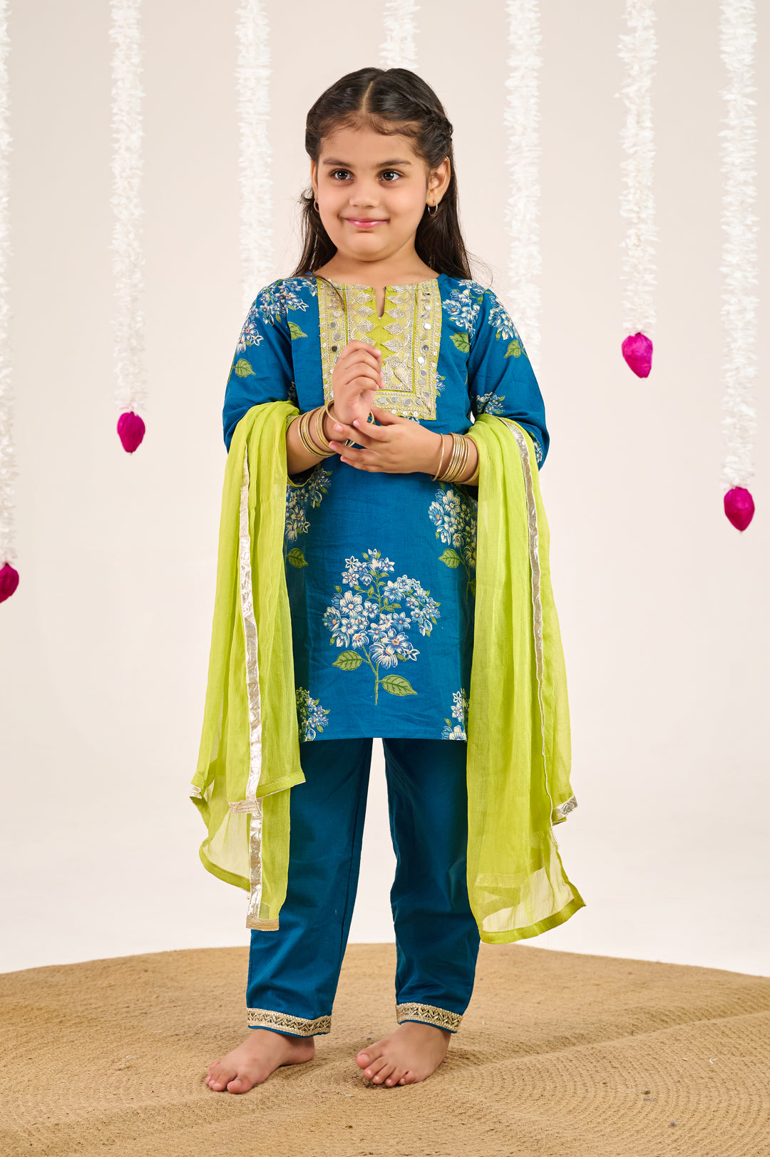 BOYS BLUE KURTA WITH BLUE GREEN FLORAL JACKET AND PAJAMA (SET OF 3) + GIRLS BLUE GREEN FLORAL KURTI WITH BLUE PANT AND DUPATTA (SET OF 3)