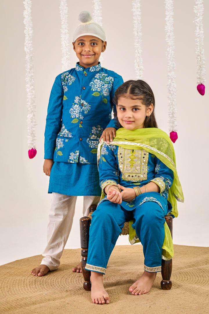 BOYS BLUE KURTA WITH BLUE GREEN FLORAL JACKET AND PAJAMA (SET OF 3) + GIRLS BLUE GREEN FLORAL KURTI WITH BLUE PANT AND DUPATTA (SET OF 3)