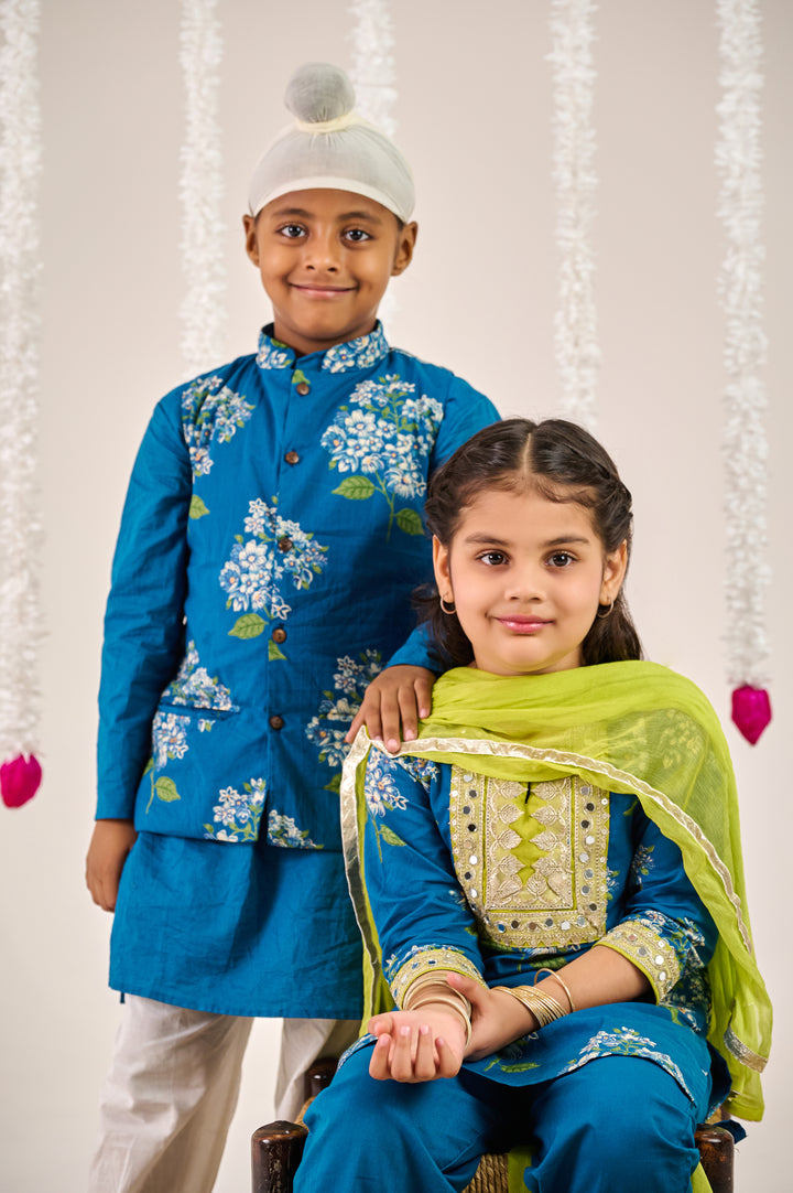 BOYS BLUE KURTA WITH BLUE GREEN FLORAL JACKET AND PAJAMA (SET OF 3) + GIRLS BLUE GREEN FLORAL KURTI WITH BLUE PANT AND DUPATTA (SET OF 3)