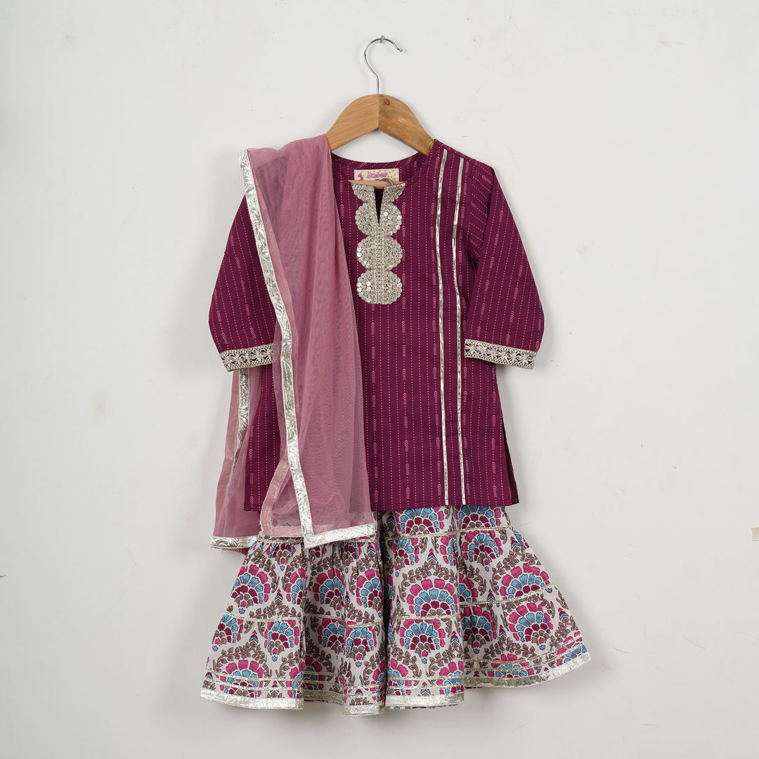 GIRLS PURPLE KURTI WITH MULTICOLOR FLORAL SHARARA AND DUPATTA (SET OF 3)