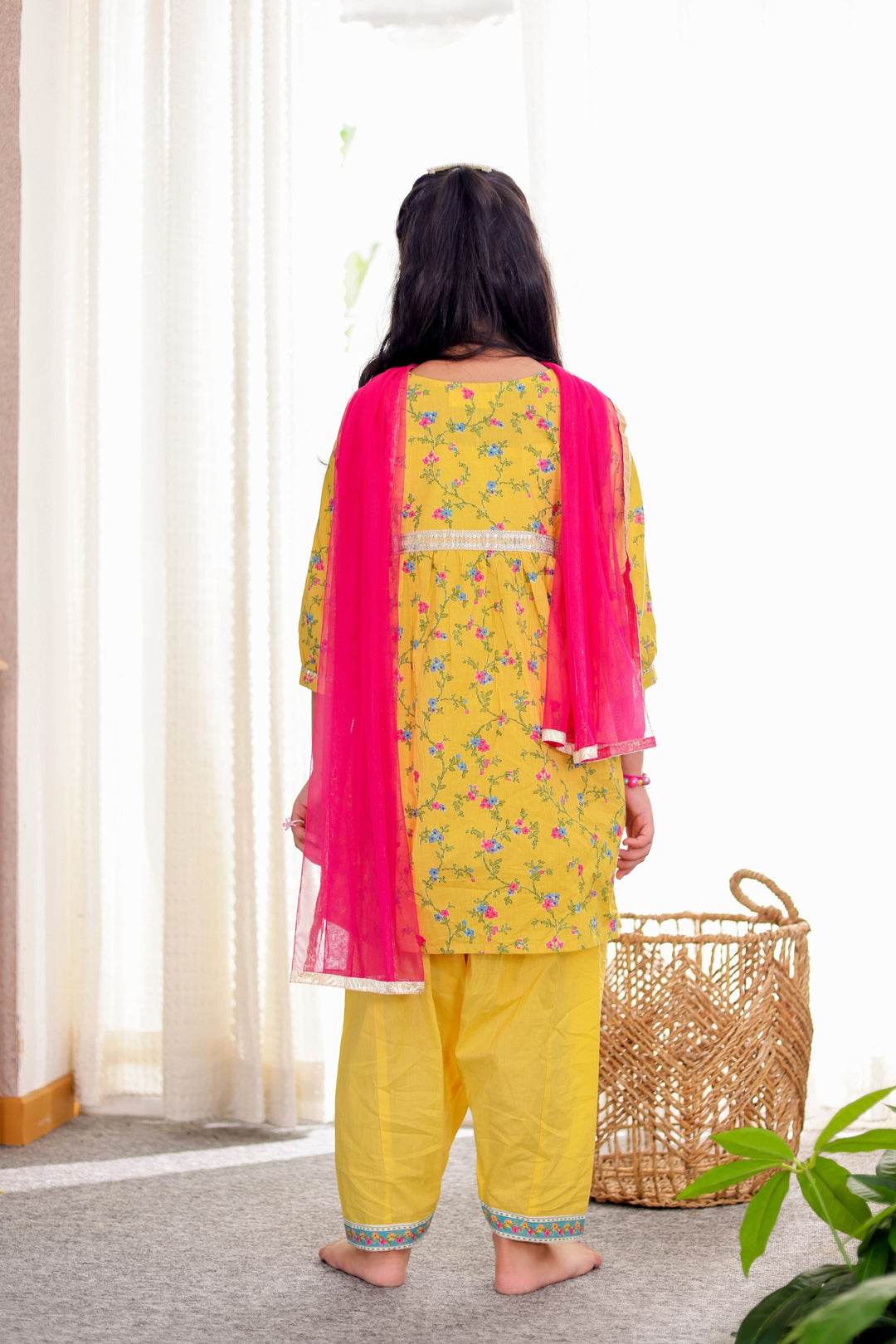 GIRLS YELLOW FLORAL KURTI WITH YELLOW SALWAR AND DUPATTA (SET OF 3)