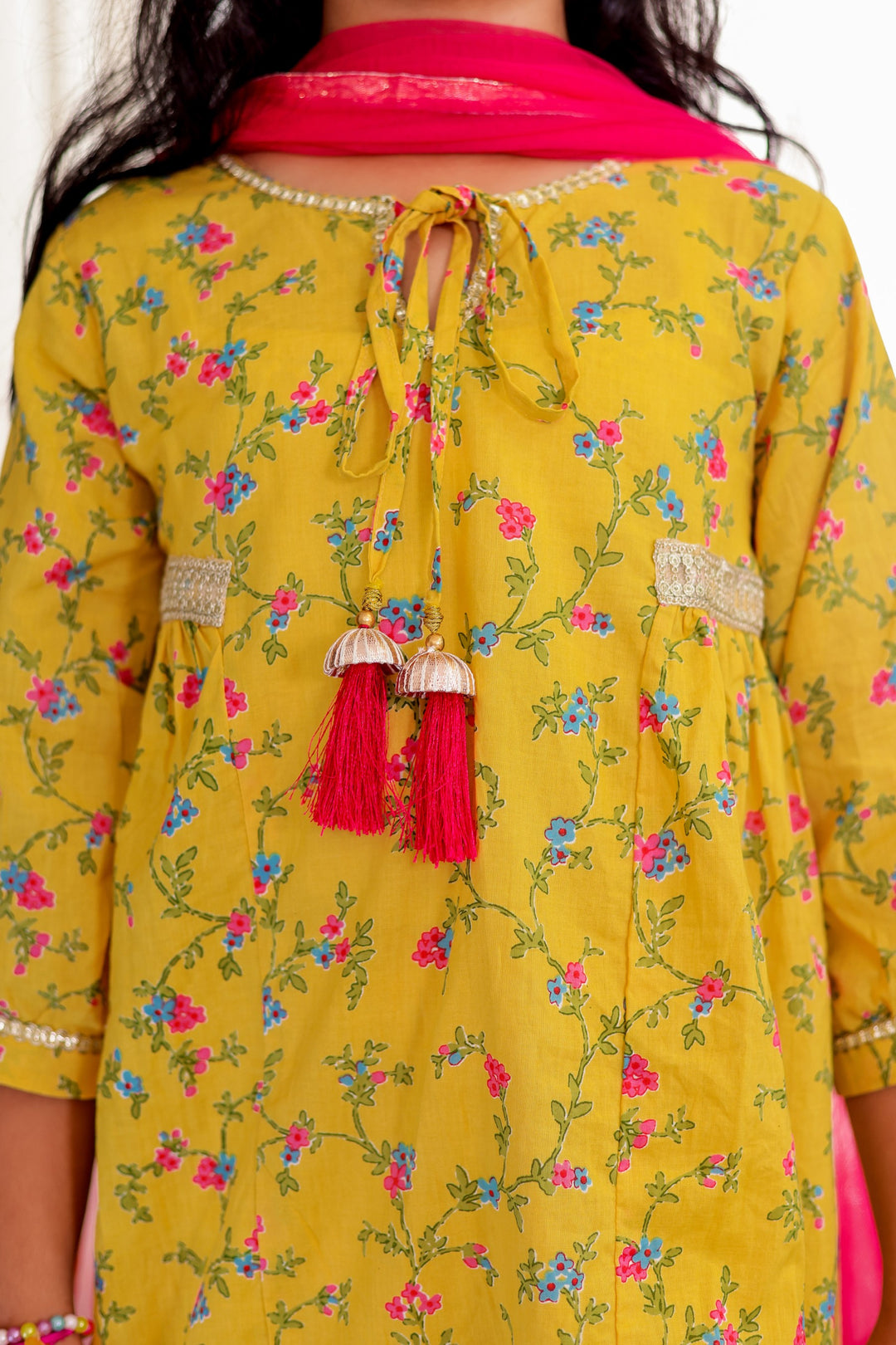 GIRLS YELLOW FLORAL KURTI WITH YELLOW SALWAR AND DUPATTA (SET OF 3)