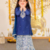 GIRLS BLUE MUSLIN HAND EMBROIDERED GOTA PATTI WORK KURTI WITH PINK PRINTED SHARARA AND DUPATTA (SET OF 3)