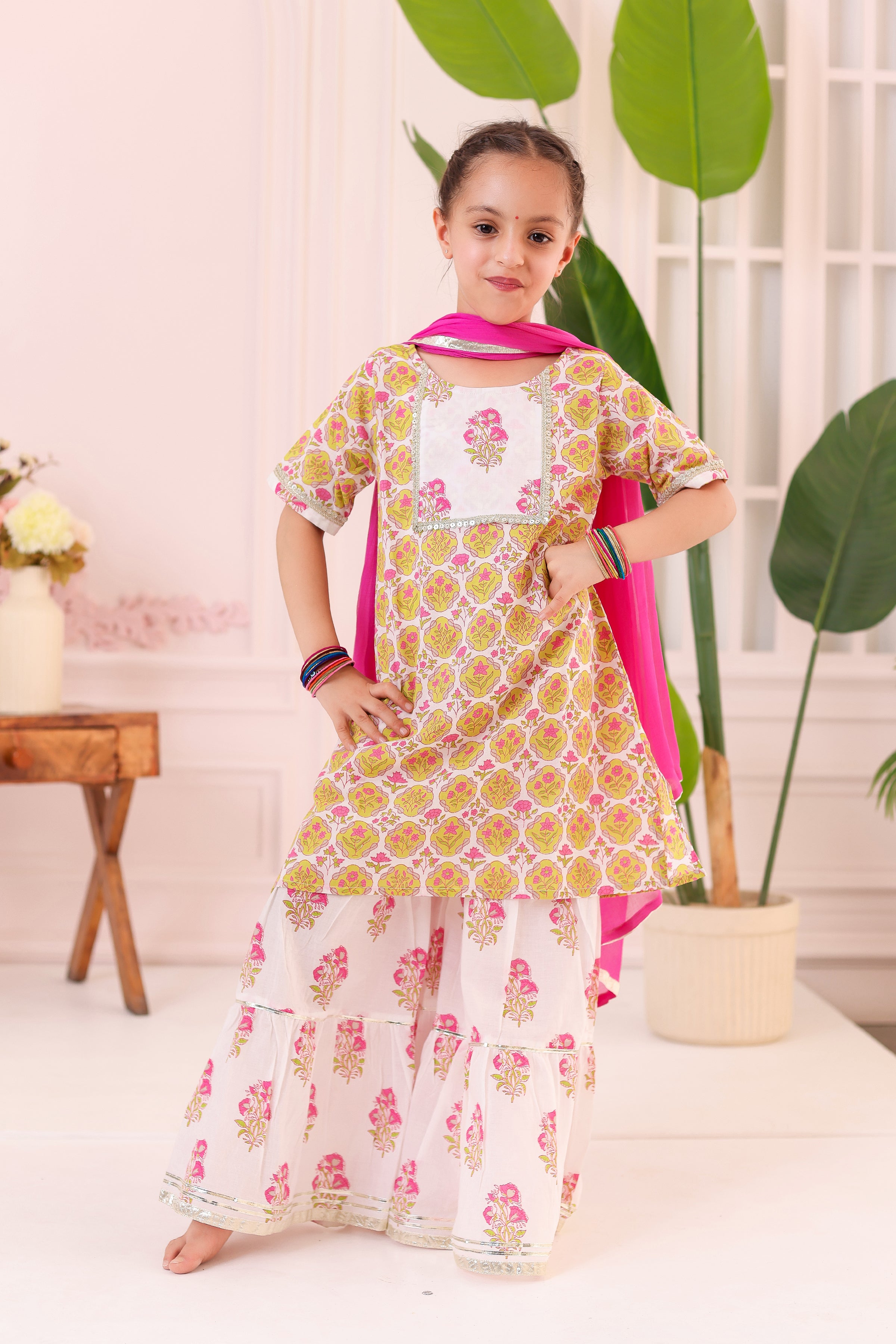 GIRLS PINK GREEN KURTI WITH WHITE BUTI SHARARA AND DUPATTA (SET OF3)