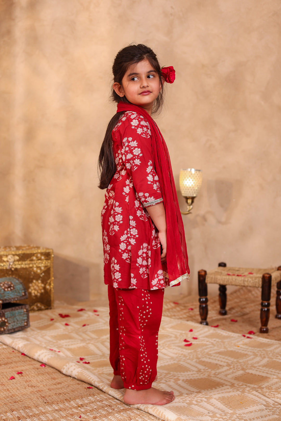 GIRLS MAROON ALIA CUT KURTI WITH AFGHANI SALWAR AND DUPATTA (SET OF3)
