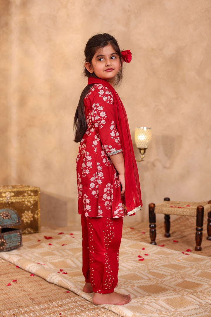 GIRLS MAROON ALIA CUT KURTI WITH AFGHANI SALWAR AND DUPATTA (SET OF3)