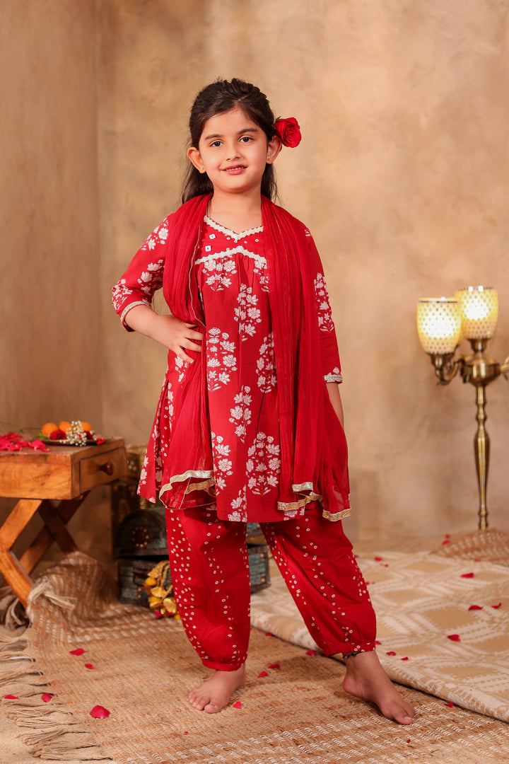 GIRLS MAROON ALIA CUT KURTI WITH AFGHANI SALWAR AND DUPATTA (SET OF3)