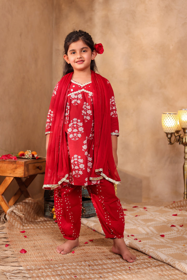 GIRLS MAROON ALIA CUT KURTI WITH AFGHANI SALWAR AND DUPATTA (SET OF3)