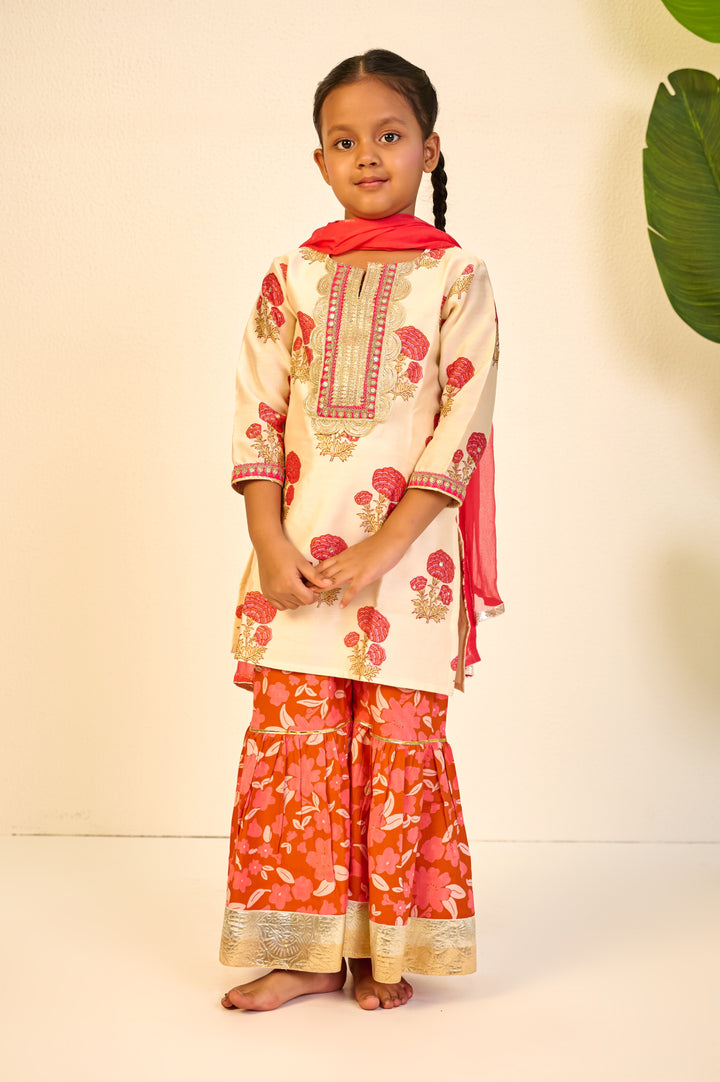 GIRLS ORANGE FLORAL HANDBLOCK CHANDERI KURTI WITH MODAL SHARARA AND DUPATTA (SET OF 3)