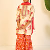 GIRLS ORANGE FLORAL HANDBLOCK CHANDERI KURTI WITH MODAL SHARARA AND DUPATTA (SET OF 3)
