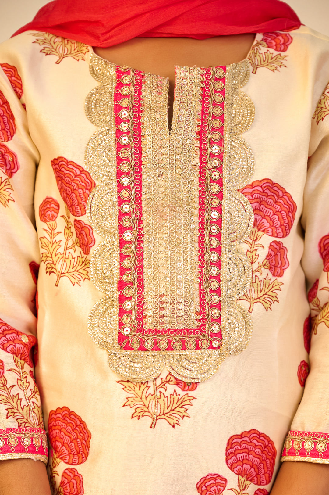 GIRLS ORANGE FLORAL HANDBLOCK CHANDERI KURTI WITH MODAL SHARARA AND DUPATTA (SET OF 3)
