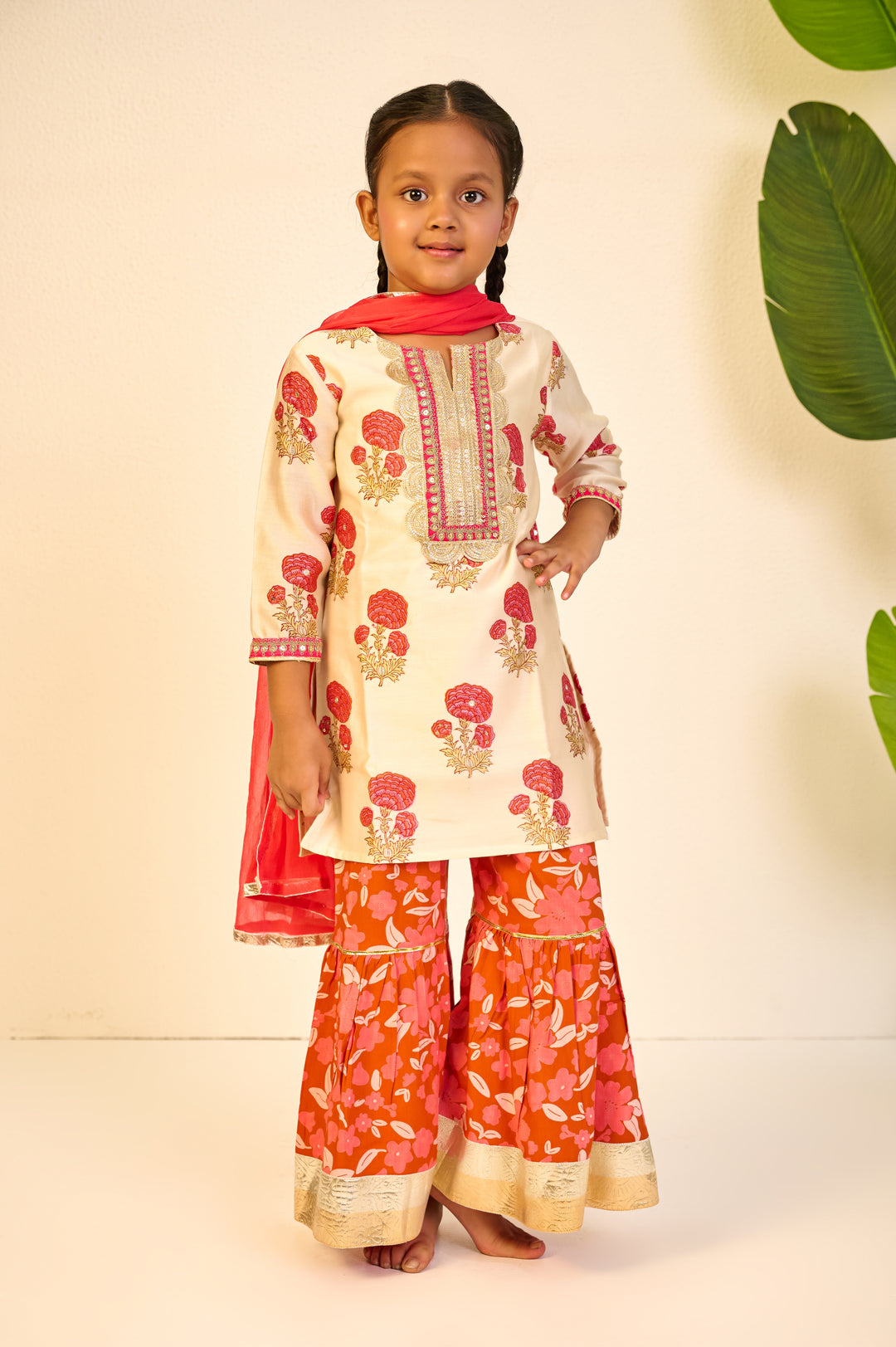 GIRLS ORANGE FLORAL HANDBLOCK CHANDERI KURTI WITH MODAL SHARARA AND DUPATTA (SET OF 3)