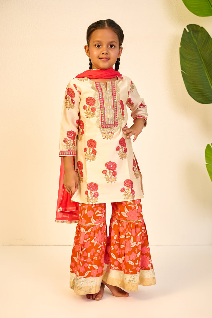GIRLS ORANGE FLORAL HANDBLOCK CHANDERI KURTI WITH MODAL SHARARA AND DUPATTA (SET OF 3)