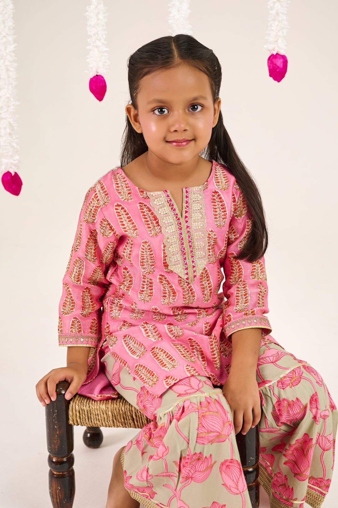 GIRLS PINK BUTI HANDBLOCK CHANDERI KURTI WITH FLORAL COTTON SHARARA AND DUPATTA (SET OF 3)