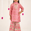GIRLS PINK BUTI HANDBLOCK CHANDERI KURTI WITH FLORAL COTTON SHARARA AND DUPATTA (SET OF 3)