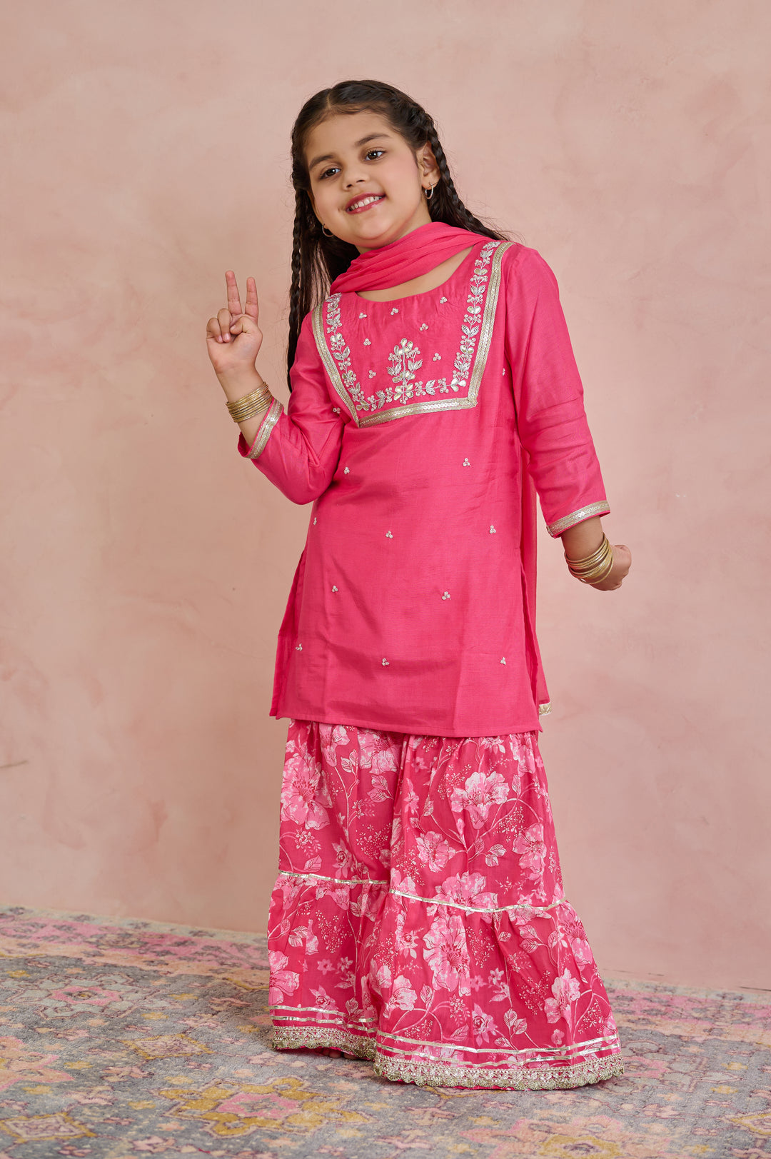 GIRLS PINK MUSLIN GOTA PATTI WORK KURTI WITH SHARARA AND DUPATTA (SET OF 3)