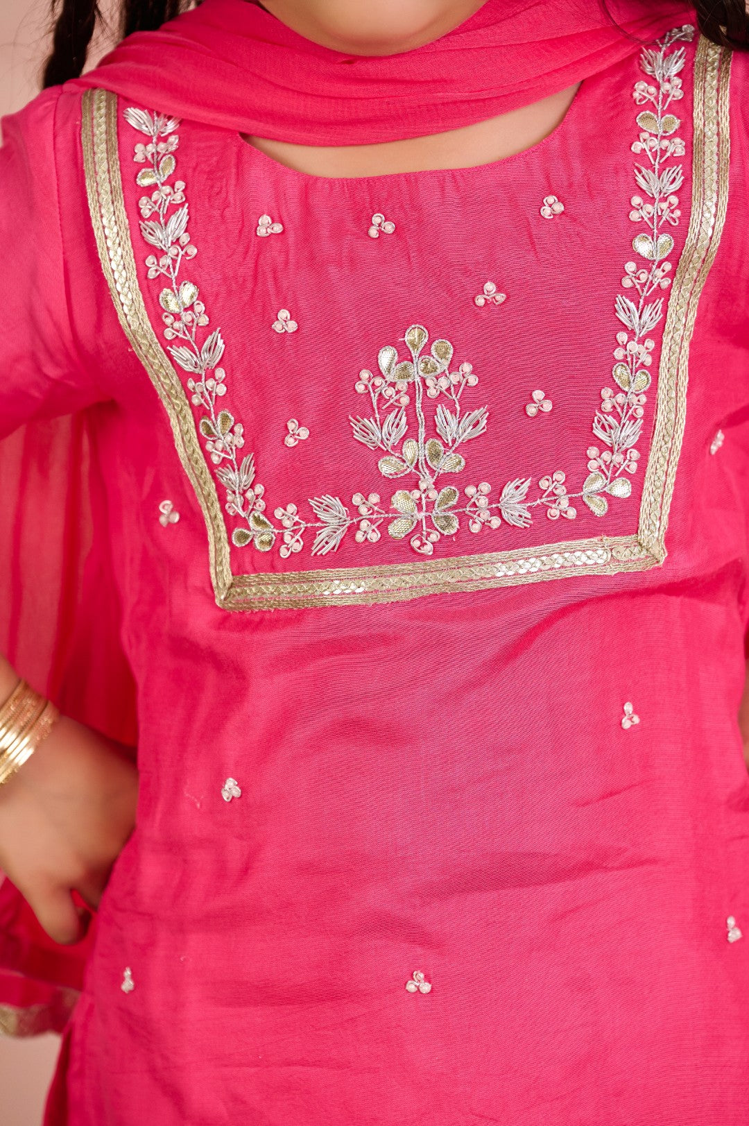 GIRLS PINK MUSLIN GOTA PATTI WORK KURTI WITH SHARARA AND DUPATTA (SET OF 3)