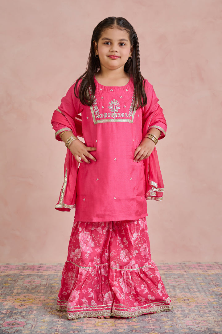 GIRLS PINK MUSLIN GOTA PATTI WORK KURTI WITH SHARARA AND DUPATTA (SET OF 3)