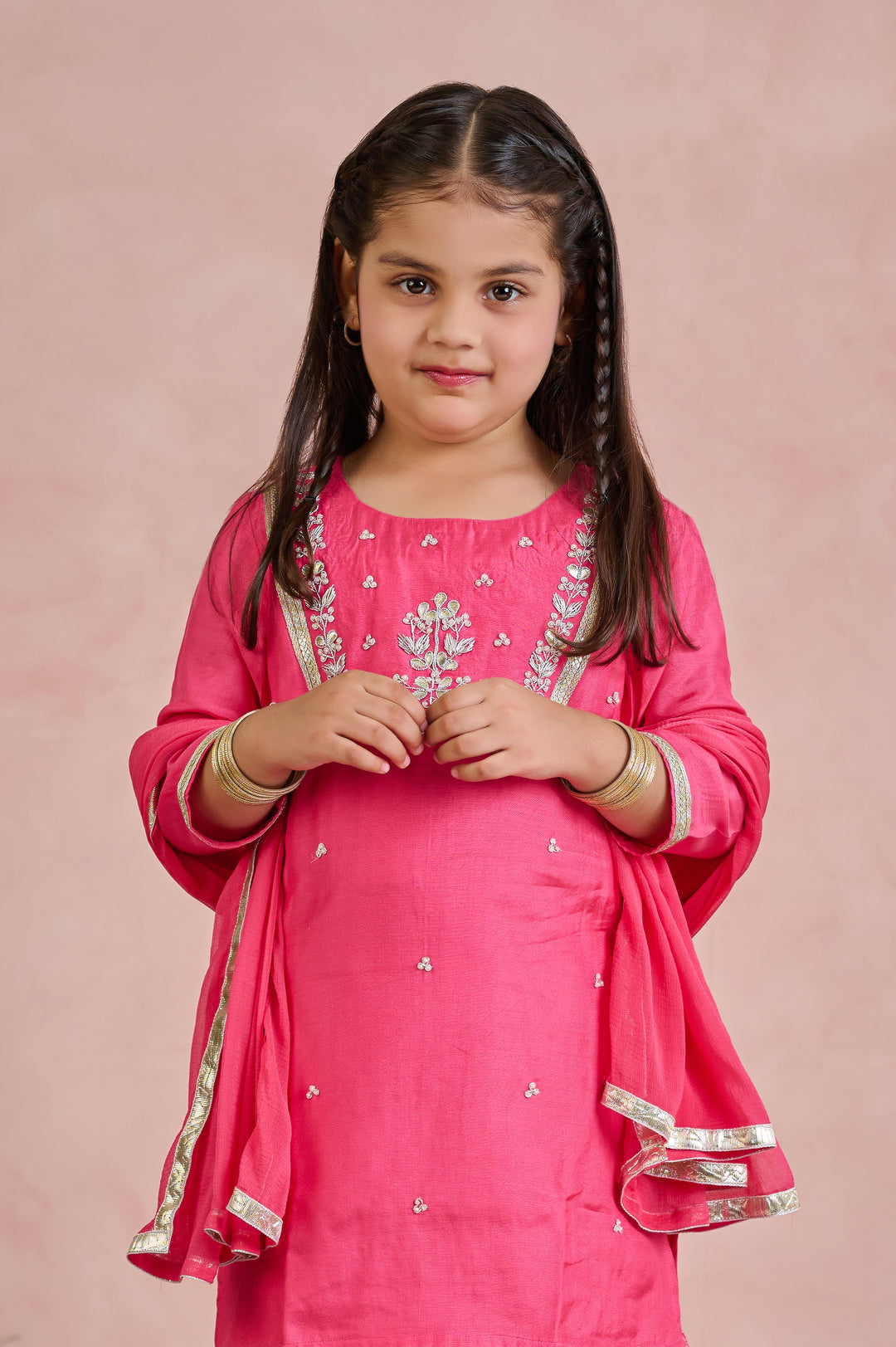 GIRLS PINK MUSLIN GOTA PATTI WORK KURTI WITH SHARARA AND DUPATTA (SET OF 3)