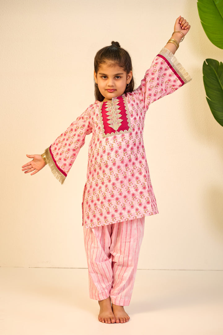 GIRLS PINK BELL SLEEVES KURTI WITH PINK SALWAR AND DUPATTA (SET OF 3)