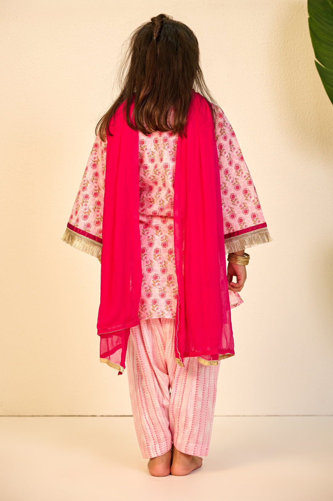 GIRLS PINK BELL SLEEVES KURTI WITH PINK SALWAR AND DUPATTA (SET OF 3)