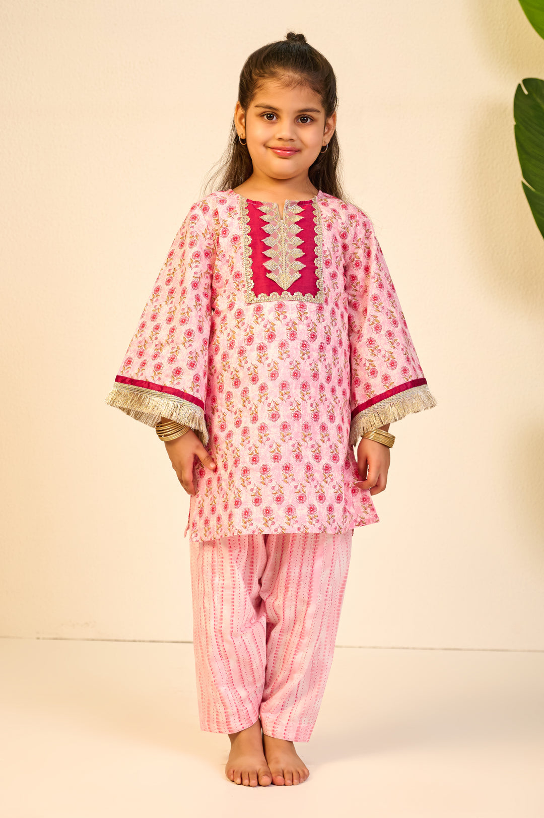 GIRLS PINK BELL SLEEVES KURTI WITH PINK SALWAR AND DUPATTA (SET OF 3)