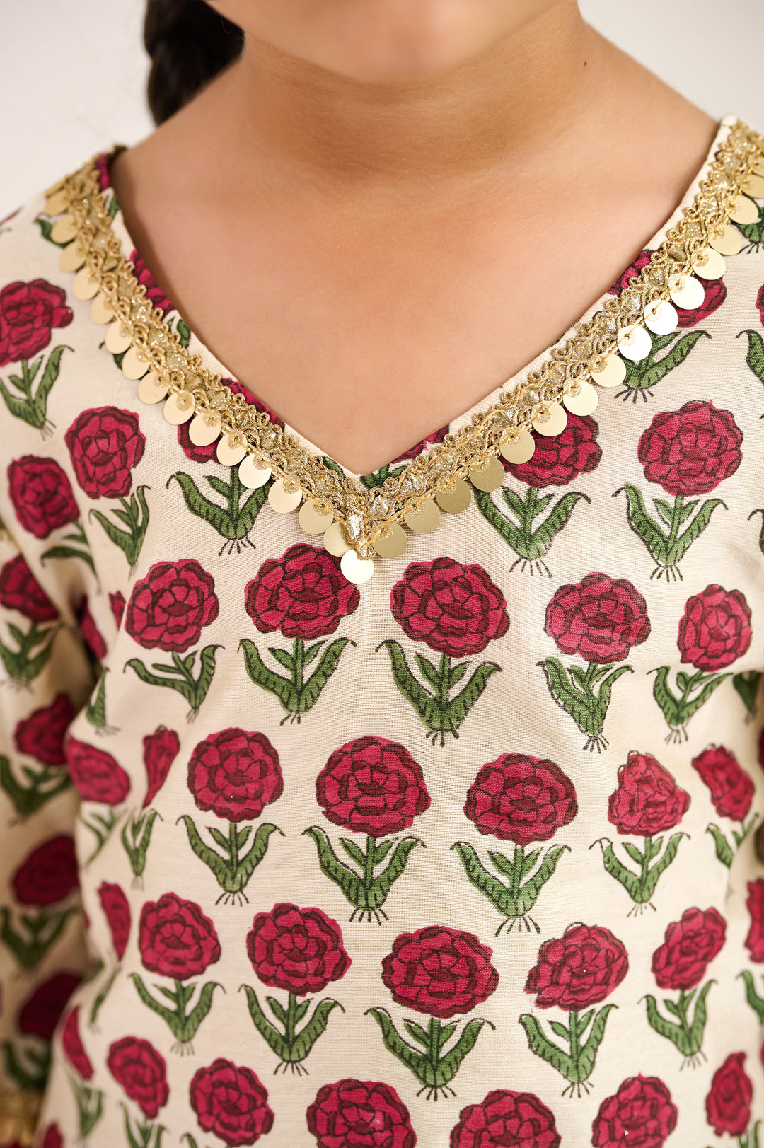 GIRLS PURE HANDBLOCK CHANDERI MAROON KURTI WITH MAROON SALWAR AND DUPATTA (SET OF 3)