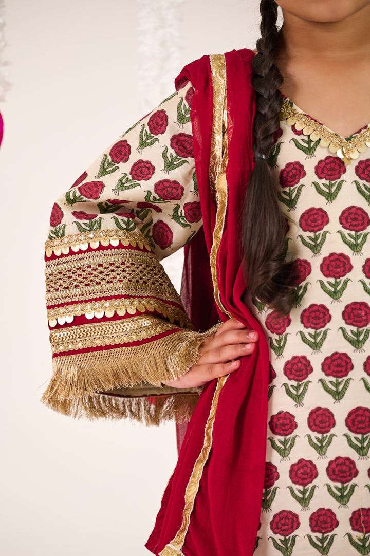 GIRLS PURE HANDBLOCK CHANDERI MAROON KURTI WITH MAROON SALWAR AND DUPATTA (SET OF 3)