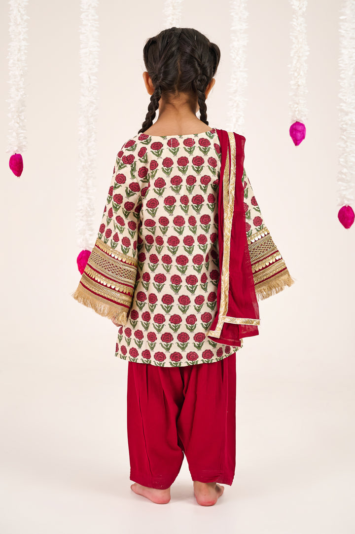 GIRLS PURE HANDBLOCK CHANDERI MAROON KURTI WITH MAROON SALWAR AND DUPATTA (SET OF 3)