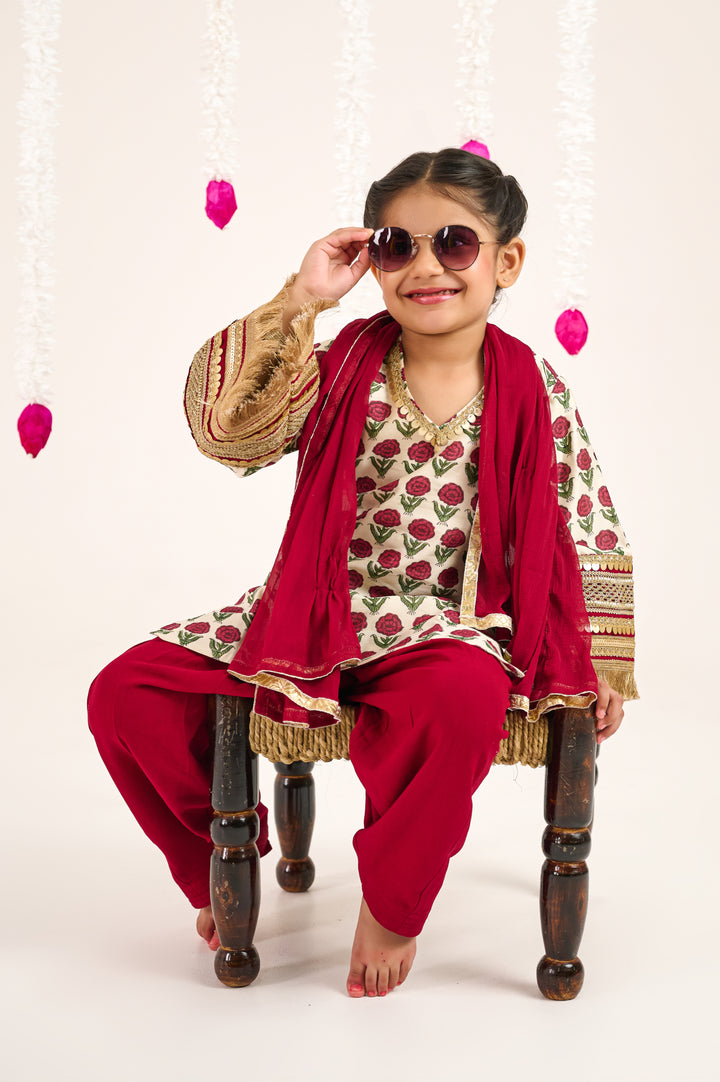 GIRLS PURE HANDBLOCK CHANDERI MAROON KURTI WITH MAROON SALWAR AND DUPATTA (SET OF 3)