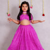 GIRLS PURPLE LEHERIYA LEHENGA WITH PURPLE LEHERIYA BACKLESS TOP AND PINK DUPATTA (SET OF 3)