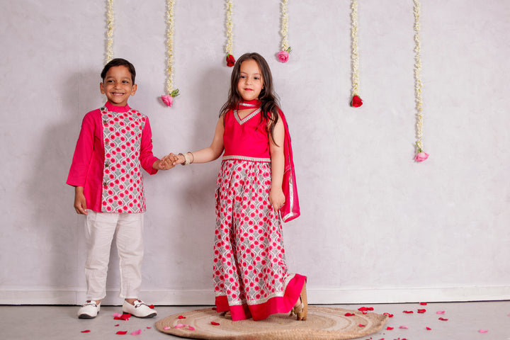 GIRLS PINK FLORAL LEHENGA WITH FUCHSIA TOP AND DUPATTA (SET OF 3)