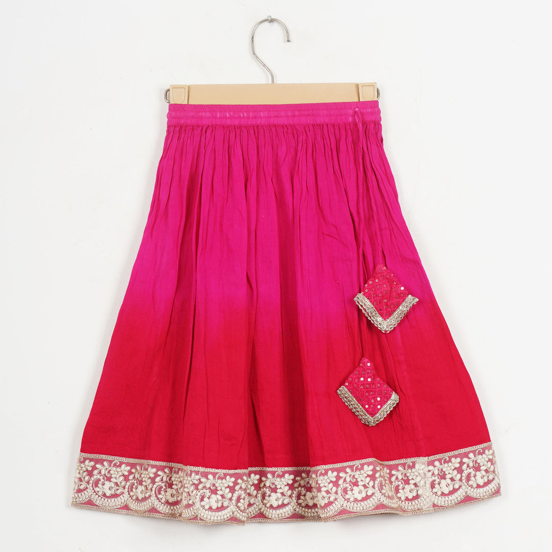 RED PINK OMBRE COTTON SILK LEHENGA WITH PINK SEQUENCE TOP AND DUPATTA (SET OF 3)