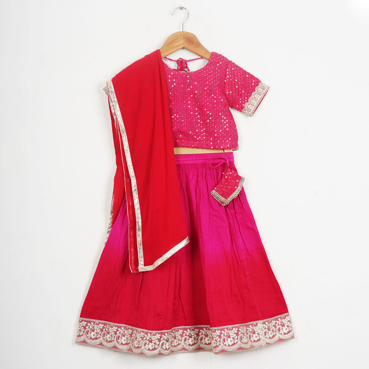 RED PINK OMBRE COTTON SILK LEHENGA WITH PINK SEQUENCE TOP AND DUPATTA (SET OF 3)