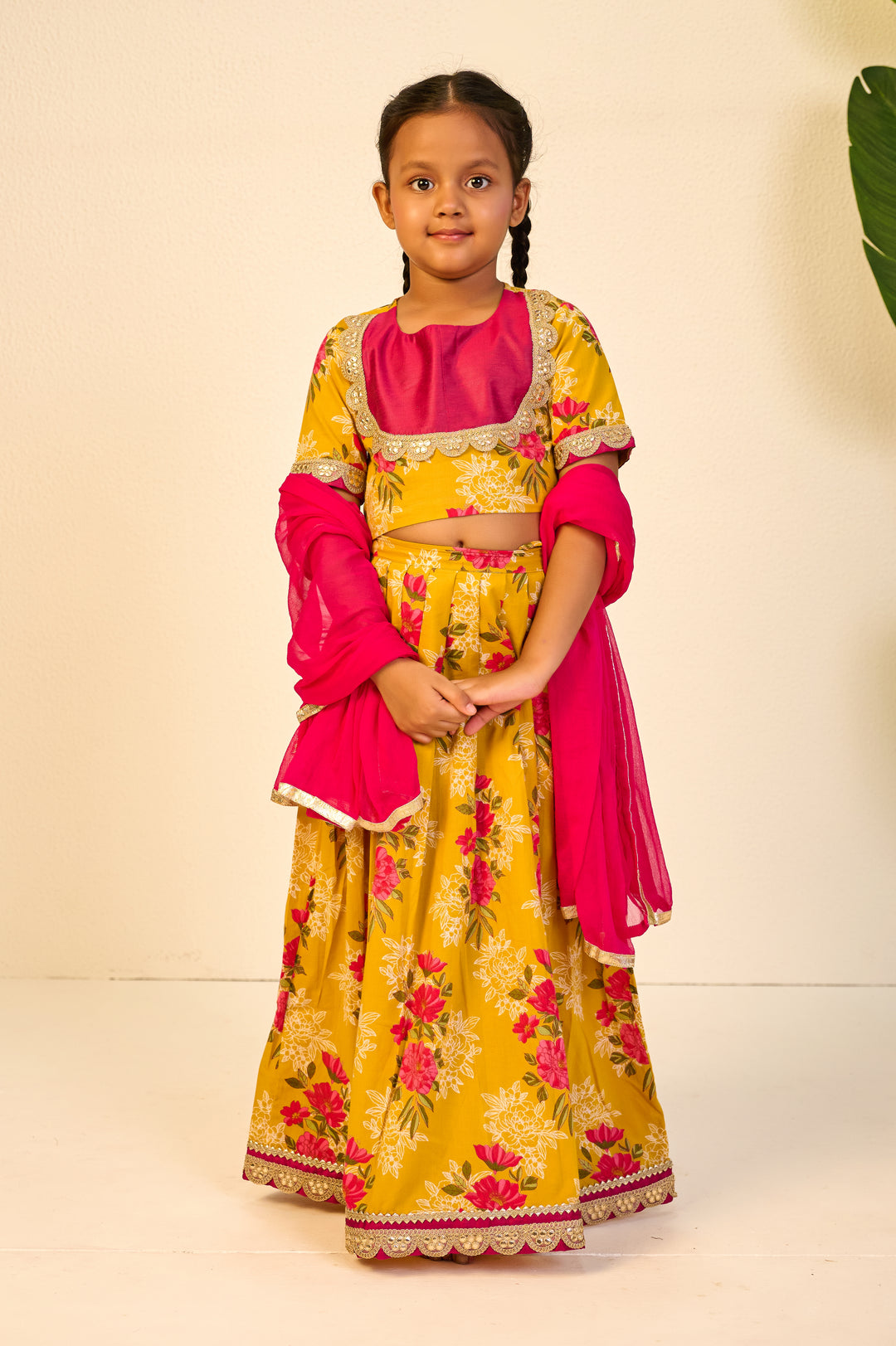 GIRLS YELLOW FLORAL LEHENGA WITH PINK YOKE TOP AND DUPATTA (SET OF 3)