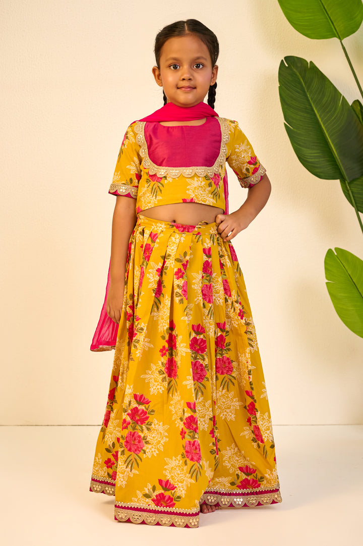 GIRLS YELLOW FLORAL LEHENGA WITH PINK YOKE TOP AND DUPATTA (SET OF 3)