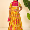 GIRLS YELLOW FLORAL LEHENGA WITH PINK YOKE TOP AND DUPATTA (SET OF 3)