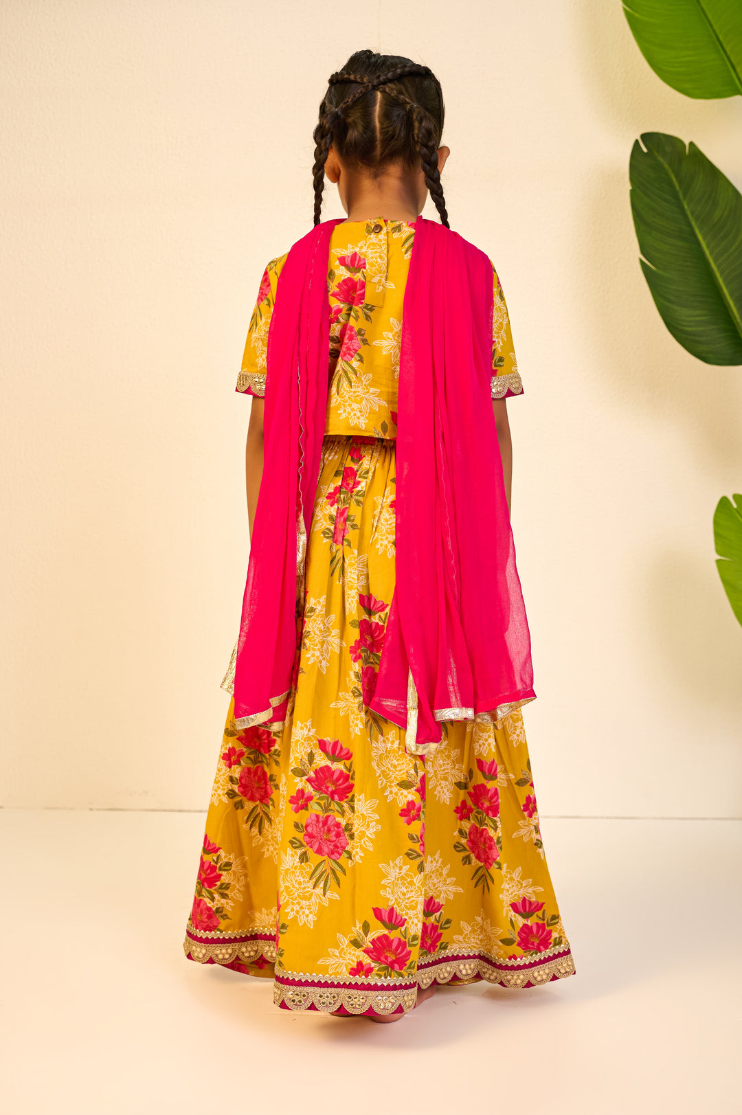 GIRLS YELLOW FLORAL LEHENGA WITH PINK YOKE TOP AND DUPATTA (SET OF 3)