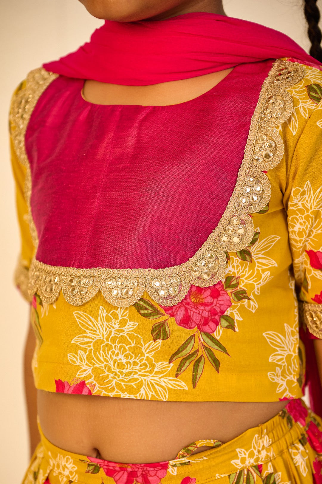 GIRLS YELLOW FLORAL LEHENGA WITH PINK YOKE TOP AND DUPATTA (SET OF 3)