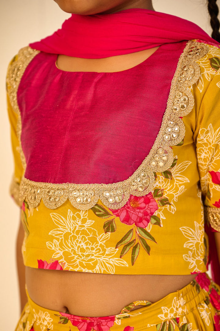 GIRLS YELLOW FLORAL LEHENGA WITH PINK YOKE TOP AND DUPATTA (SET OF 3)